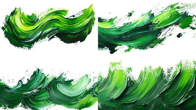 Abstract Green Paint Strokes Set: An artistic collection of four vibrant green paint strokes, painted with a bold, dynamic, and textured brushstroke.