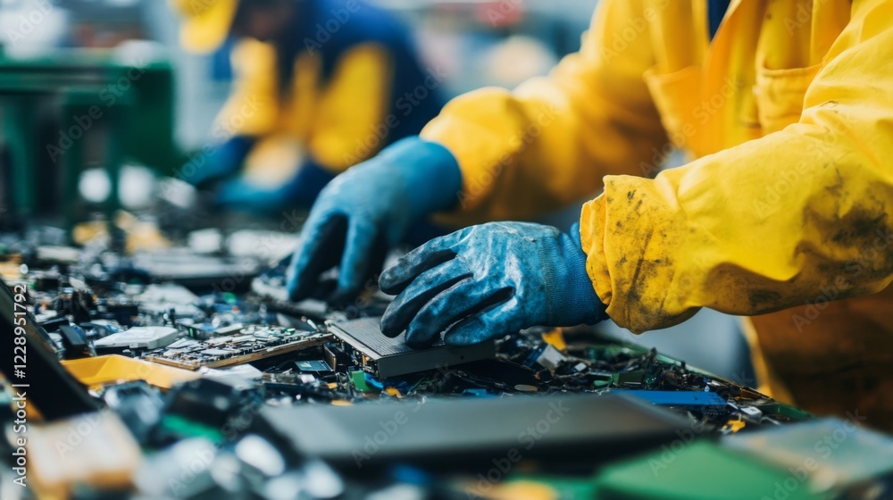 Aufkleber Workers in protective gear assemble electronic devices, focusing on precision in a factory environment filled with components and machinery.