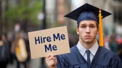 A graduate holds a sign saying "Hire Me" while looking hopeful amidst a busy street, showcasing the job search challenges faced by recent graduates.