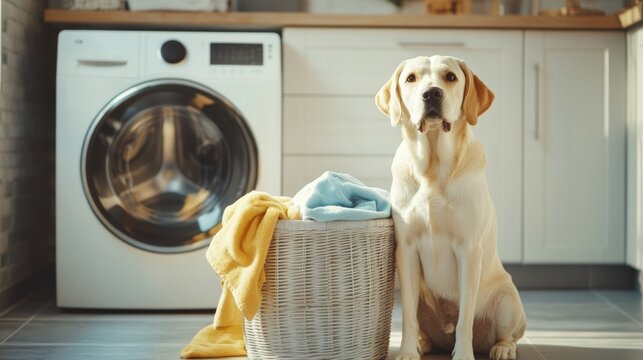 Cute Labrador Dog Sitting Next to Laundry Basket at Home