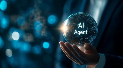 A person holds a glowing orb labeled "AI Agent," symbolizing innovation and technology in a futuristic environment.