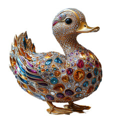Shiny Gold Sculpture of a Mandarin Duck Adorned with Colorful Gemstones and Intricate Details