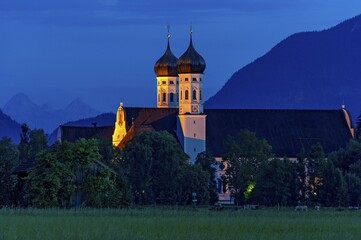 Basilica of St Benedict, Benedictine monastery Benediktbeuern, rear right Herzogstand of the Alps,...