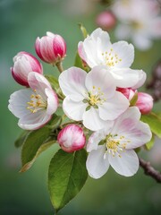 Obraz premium Blossoming apple blossoms in springtime, with soft pink and white petals contrasting against a blurred green background, AI generated
