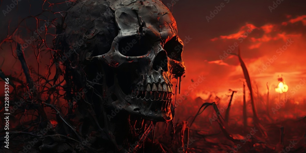 Poster a skull is shown in a field with a red sky