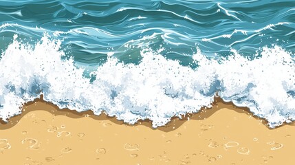 Serene beach scene with gentle waves lapping at the sandy shore under a clear sky
