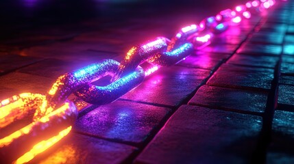 Blockchain chain links with glowing neon colors, representing a secure and connected network