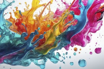 Fototapeta premium Vibrant paint splashes in blue, orange, and pink with water droplets against a white background, AI generated