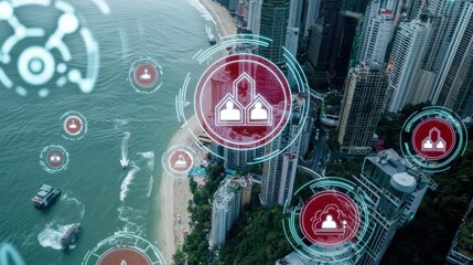 Digital innovation in urban development coastal city aerial view technology urban landscape connected future
