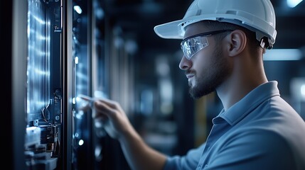 Engineer in safety gear inspecting server racks in a dimly lit data center. High-tech environment and advanced computing concept.