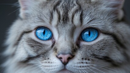 A close up of a cat's face with blue eyes.