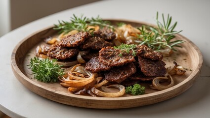 Close up of homemade fried beef liver with onions and herbs on a wooden tray on table