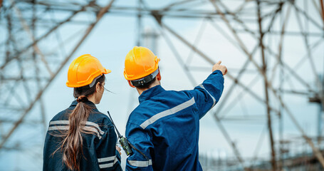 Engineers inspect power lines and discuss safety protocols at electrical substation site during...