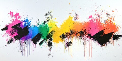 Painting of a rainbow with black and white splatters
