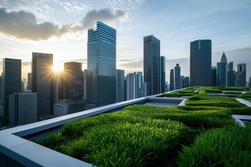 Fototapeta premium Modern cityscape at sunset with a green rooftop garden in the foreground. Sustainability and urban design.