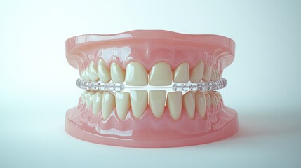 Obraz premium A sharp and professional image of smiling teeth with clear aligners and braces, isolated on a white background.