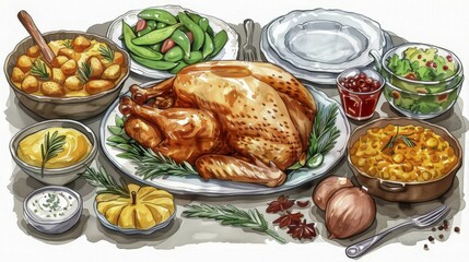 A homey Thanksgiving dinner table featuring a roasted turkey and various side dishes, AI generated