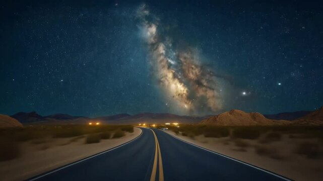 A long desert highway leading into the distance beneath a stunning Milky Way galaxy, showcasing a breathtaking night sky and cosmic wonder.