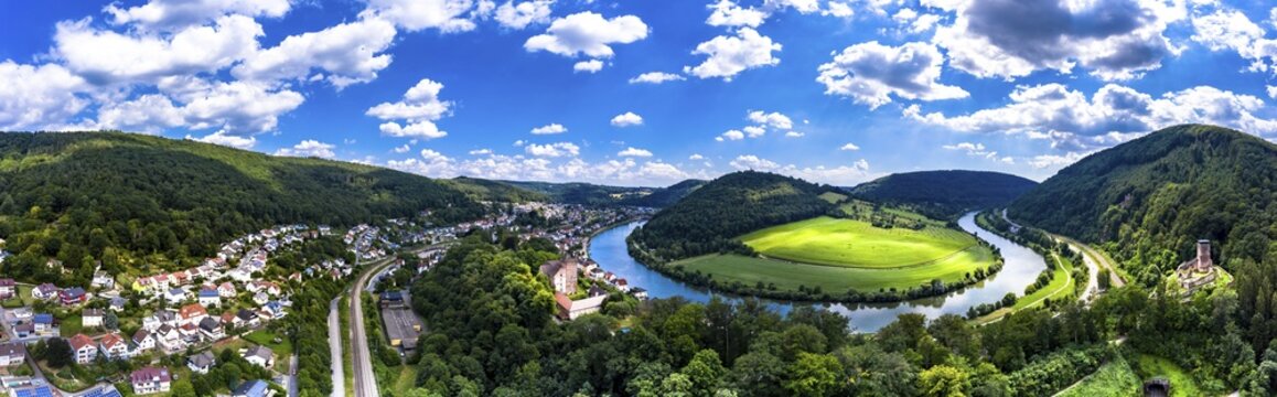 Aerial view of the Vierburgeneck Schadeck Castle, Vorderburg, Mittelburg, Hinterburg near Neckarsteinach, Baden-W&uuml;rttemberg, Germany, Europe