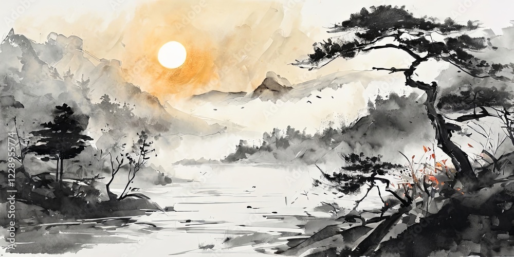 Poster a painting of a mountain range with a tree in the foreground