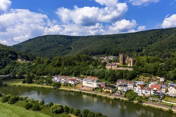 Aerial view of the Vierburgeneck Schadeck Castle, Vorderburg, Mittelburg, Hinterburg near Neckarsteinach, Baden-W&uuml;rttemberg, Germany, Europe