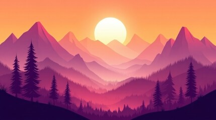 Serene sunset over majestic mountain range with silhouetted trees in the foreground