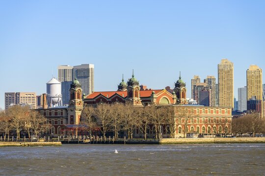 View from Hudson River to Memorial Museum of Immigration, former Immigrant Collection Center, Ellis Island Immigrant Building, Ellis Island, New York City, New York, USA, North America