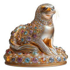 Elegant Gold Sculpture of a Seal Adorned with Colorful Gems and Shiny Details, Captivating Artistry and Design