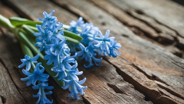 Bright blue hyacinth flowers arranged on a rustic wooden surface