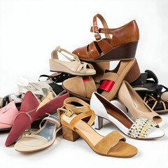 Pile of Various Female Shoes Isolated on White Background