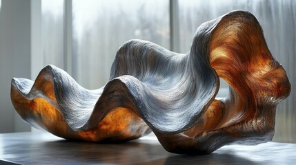 Wavy, abstract metal sculpture with a glowing orange accent, displaying organic forms, AI generated