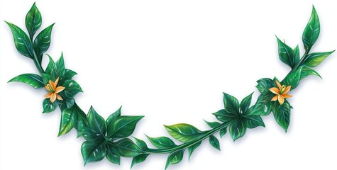 Naklejka premium Lush green vine with vibrant yellow flowers, curving elegantly on white background.