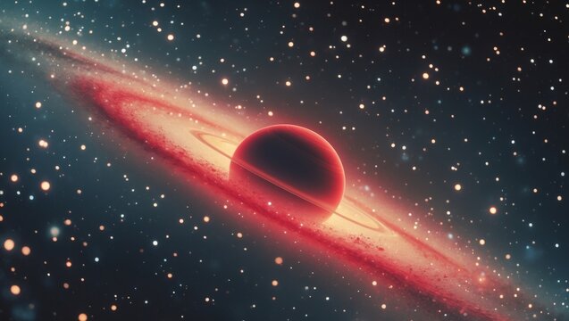 A red galaxy with a lot of stars and a red planet in the middle