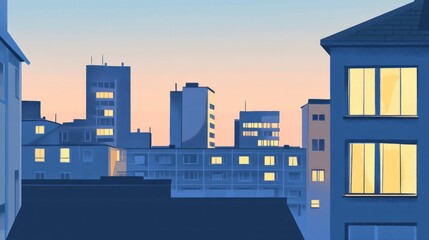 Cityscape at Dusk Buildings Illuminated by Soft Light