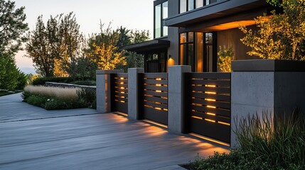 Contemporary Architectural Marvel Featuring a Sleek Modern House with Expansive Wooden Deck and Elegant Stone Wall Surrounded by Lush Greenery in a Tranquil Residential Neighborhood