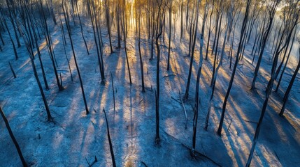 Aerial view of a forest after a wildfire, showing burnt trees and ground at sunrise.
