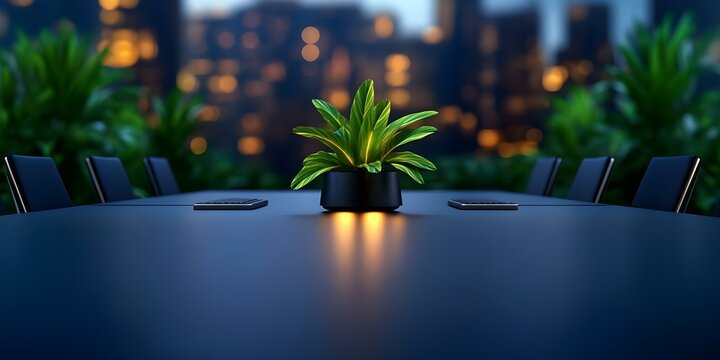 A modern conference table with a potted plant in the center, surrounded by chairs and a blurred city skyline in the background. Concept Modern Conference Room, Central Potted Plant, Sleek Chairs
