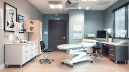 Fototapeta premium Blurred view of modern medical office with doctor's workplace and examination table in clinic. Generative AI
