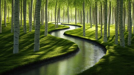 Obraz premium Serene stream meanders through lush birch forest, sunlight dappling the vibrant green grass.