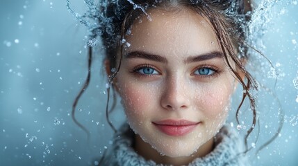 Young woman with water splashing around her face.