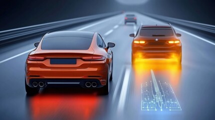 Dynamic car overtaking on highway futuristic technology digital effects urban environment night view automotive innovation