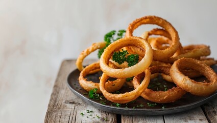 Delicious golden onion rings served on a wooden table