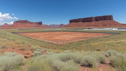 Desert landscape with fenced-in area and red rock formations in the background.