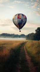Obraz premium A vibrant hot air balloon floats above a misty rural landscape at sunrise, creating a serene and picturesque scene.