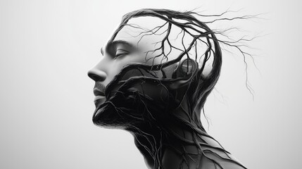 Fototapeta premium Human face with branches growing from it on a white background. concept of personal growth and connection to nature