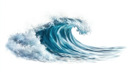 Fototapeta premium A soft, rolling ocean wave with shimmering water and subtle splashes, isolated elegantly on white.