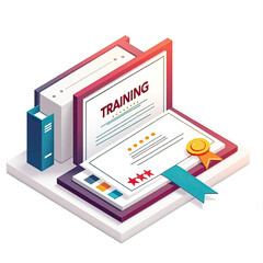 An isometric depiction of colorful training certificate icon 