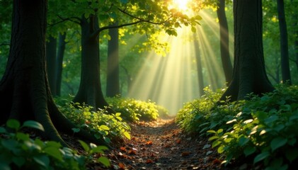 Obraz premium Sunlight filters through leafy canopies casting dappled shadows on forest floor, leaves, atmosphere