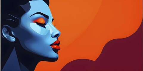 Abstract minimalistic side view portrait of a woman with red lips and orange eye shadow, AI generated