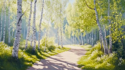 Fototapeta premium Sunlit path winding through a birch forest on a bright, summer day.